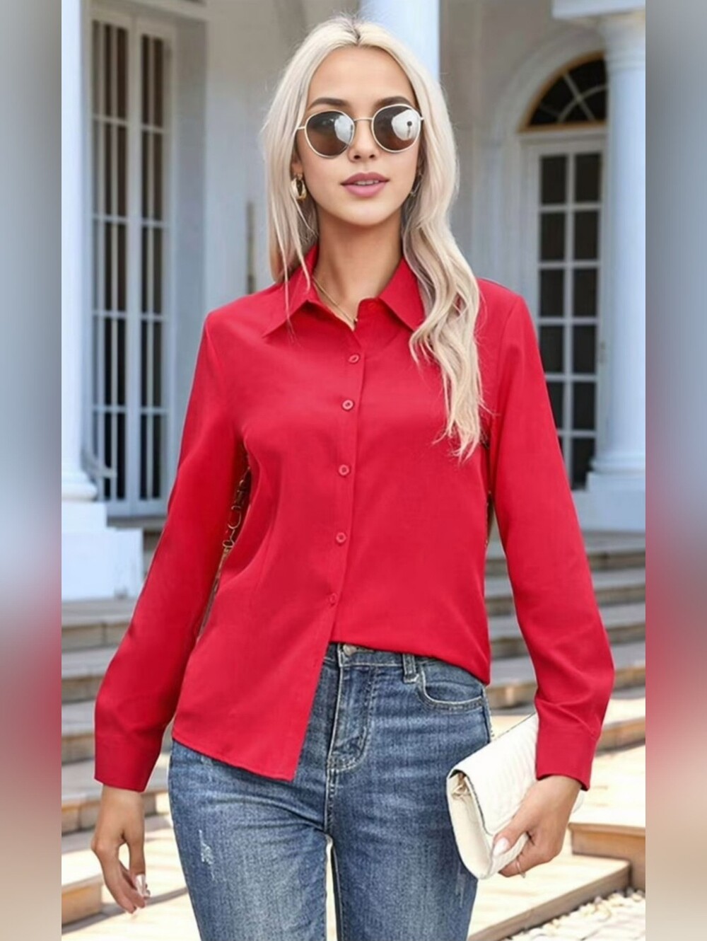 Chico's 100% Cotton No-Iron Red Classic Button-Down Shirt Business/Office Large